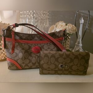 Coach Brown and Red Signature Bag Set
